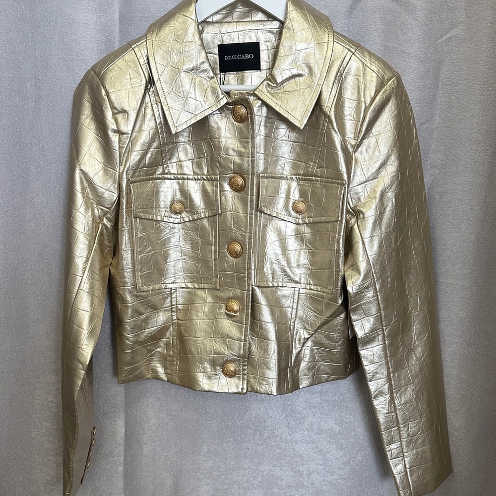 New with tags. Gold crocodile vegan leather jacket. Gold buttons.
